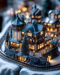 Miniature illuminated village scene depicts charming architecture nestled in winter landscape