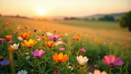 Fototapeta premium Golden Hour Glow: Sanctuary Amidst Blooming Wildflowers