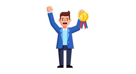 Businessman Celebrating Victory After Achievement, Holding Gold Medal On Black Background