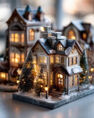 Illuminated miniature winter village houses create a festive holiday display