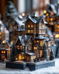 Miniature illuminated village structure rests on snow covered base surrounded by soft focus holiday lights