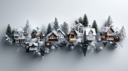 Miniature winter village scene features snow dusted evergreen trees and detailed houses arranged horizontally