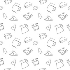 Milk and cheese seamless pattern, hand drawn, vector illustration