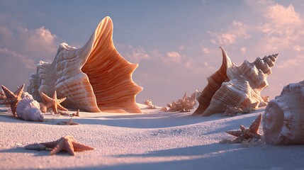 A surreal scene with exaggeratedly large seashells and starfish on a beach, casting long, dramatic shadows in the soft sand made with Ai