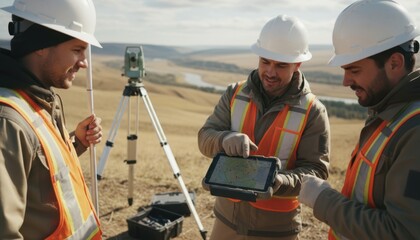 Group of three construction workers in safety gear, discussing project plans on a tablet outdoors, with surveying equipment and a scenic landscape in the background