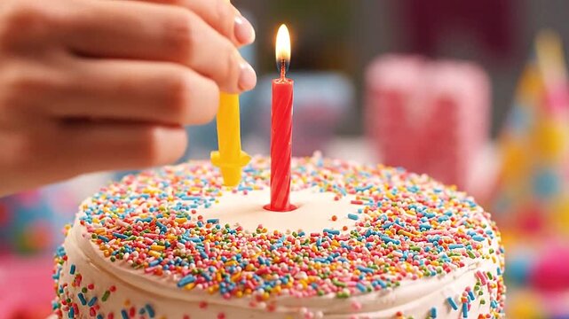 placing candles on birthday cake, colorful party scene
