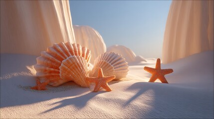 A surreal scene with exaggeratedly large seashells and starfish on a beach, casting long, dramatic shadows in the soft sand made with Ai 1