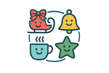 Fototapeta premium Cute Christmas and winter holiday symbols set with sleigh bell star and hot drink mug