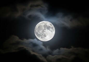 Fototapeta premium A bright full moon shines through dark, dramatic clouds in a night sky, with faint stars visible