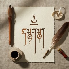 Artistic composition featuring a calligraphy piece on textured paper, surrounded by a feather quill, ink pot, and brush, creating a serene creative workspace atmosphere