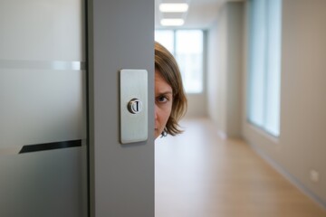 Woman peering through office door with a curious expression, showcasing a modern workspace with natural light and minimalistic design elements, conveying a sense of intrigue and professionalism