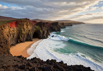 Dramatic Volcanic Coastline with Crashing Waves and Sea Caves at Golden Hour