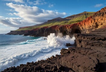 Dramatic Volcanic Coastline with Crashing Waves and Sea Caves at Golden Hour