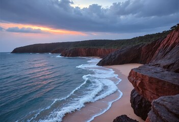 Dramatic Volcanic Coastline with Crashing Waves and Sea Caves at Golden Hour