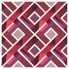 This vibrant geometric pattern features interlocking diamonds and angular shapes in deep reds, pinks, and purples, with a touch of cream outlining the edges. The sharp angles and striking color.