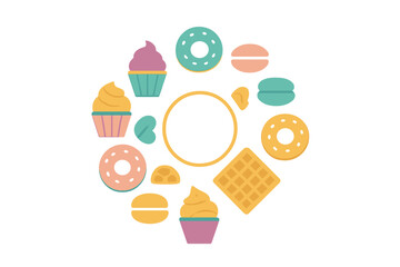 Colorful assortment of sweet desserts arranged in a circular frame with central copy space