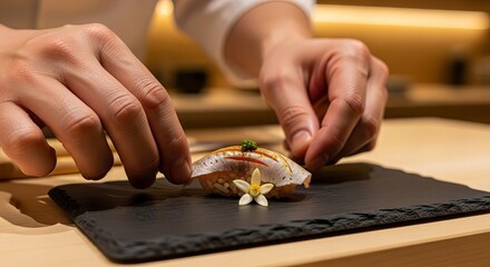 Master chef delicately preparing elegant sushi with fresh flower garnish on dark slate plate