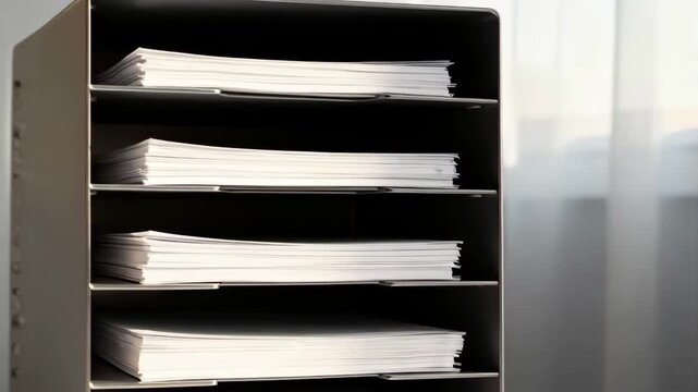 Organized Document Sorter with Stacks of Paper and Soft Natural Light in an Office Environment