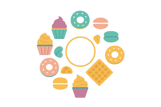 Colorful assortment of sweet desserts arranged in a circular frame with central copy space