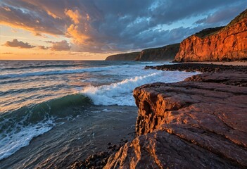 Dramatic Volcanic Coastline with Crashing Waves and Sea Caves at Golden Hour