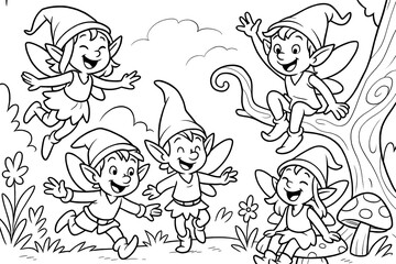 Fototapeta premium A coloring page for children and adults, featuring cheerful elves.