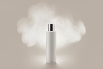 Minimalistic white cosmetic bottle with silver cap surrounded by soft powdery mist, showcasing elegant design and highlighting beauty product presentation for marketing purposes