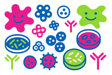 Brightly colored microscopic organisms, biological elements, bacteria, cells, and antibodies