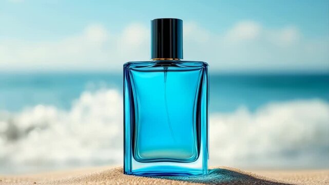 Rectangular Blue Glass Perfume Bottle With Black Cap On Sand With Ocean Waves And Blue Sky Background