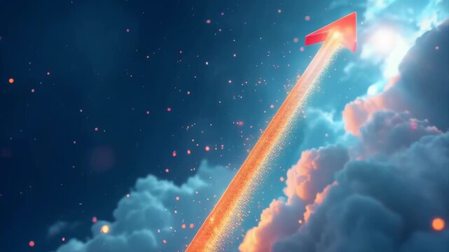 Red Arrow Chart Moving Upward Through Clouds With Golden Sparkles Against Dark Blue Sky