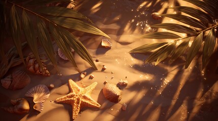 The scene is bathed in the warm, golden glow of a sunset. The starfish and seashells are illuminated in orange and gold, with the palm leaves casting soft shadows against the sand made with Ai