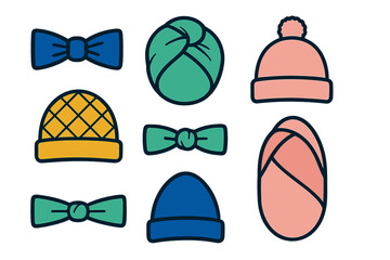 Colorful collection of winter headwear and formal neckwear accessories including beanies and bow ties