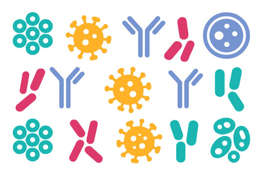 Colorful set of microbiology and immunology icons showing viruses, antibodies, and various cells