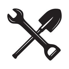 Crossed Wrench and Shovel Tools Icon Wrench and Shovel Crossed Icon – Construction and Repair Symbol Repair and Gardening Tools Silhouette – Wrench and Shovel Vector Crossed Tools Emblem