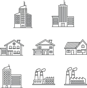 Line Art Building Editable Vector Icons Set for Architecture, Real Estate, and Urban Design.
