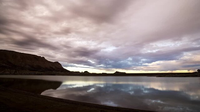 Sunset timelapse over Millsite Reservoir in Utah during drought year.