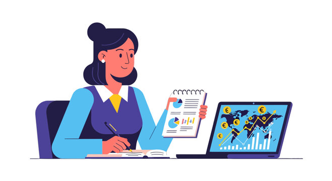 Businesswoman Analyzing Market Data Using Charts and Graphs on Laptop and Notepad