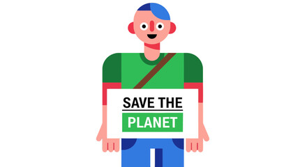 Cartoon Advocate Displaying Message to Save the Planet in a Simple, Flat Illustration