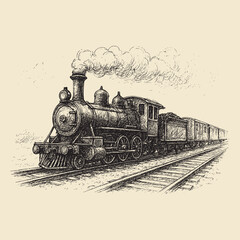 Vintage Steam Locomotive Sketch on Tracks Old Steam Engine Train Vector – Hand Drawn Railway Design