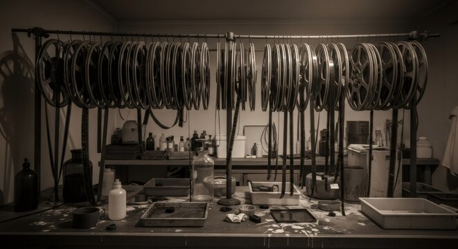 Vintage film reels hanging in a darkroom with developing equipment. Old photography lab concept for historical and mysterious cinematic themes.