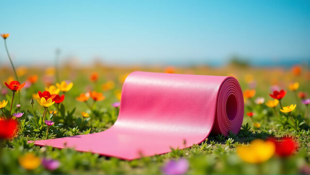 Radiant Wellness: Yoga Mat Amidst Meadow's Bloom - Powered by Adobe