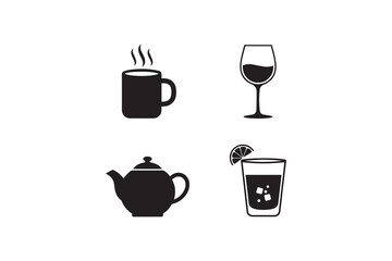 Beverage Icon Set in Black Silhouette Coffee Tea Wine and Juice Drink Icons on White