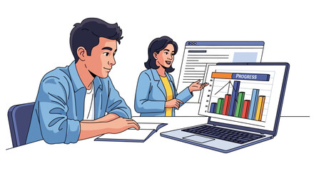 Illustration of students with laptops and a teacher presenting data analysis in an online education setting with a modern aesthetic.