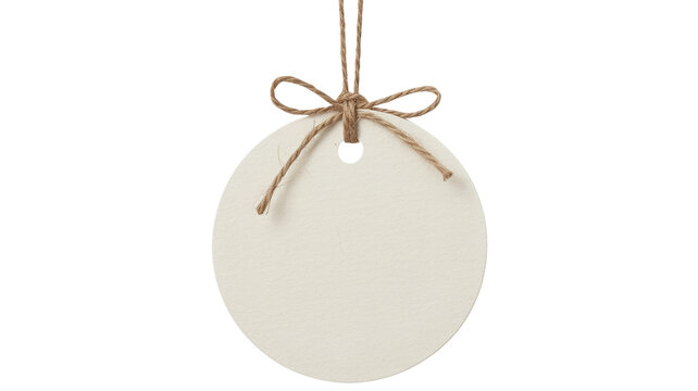 Christmas blank round paper tag with twine bow isolated on transparent background, perfect for adding a personalized message or holiday greeting