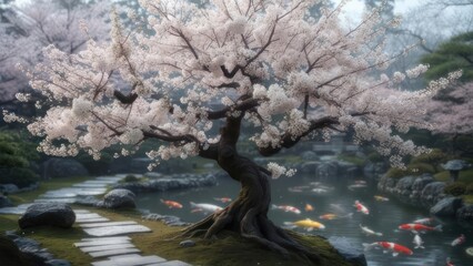 Serene Japanese Garden with Cherry Blossoms