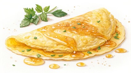 Watercolor omelette with parsley and syrup on white
