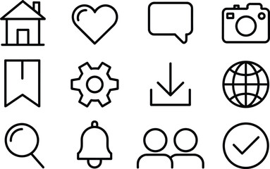 Web interface icons collection, minimalist line symbols for app design, communication, technology, social media, settings, download, search, and notification