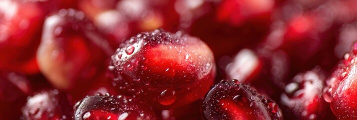 Close-up of Juicy Pomegranate Seeds Glistening With Water Drops, Showcasing Vibrant Red Hues and Natural Texture