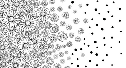 Elegant grayscale design featuring dense daisies transitioning into sparse polka dots pattern