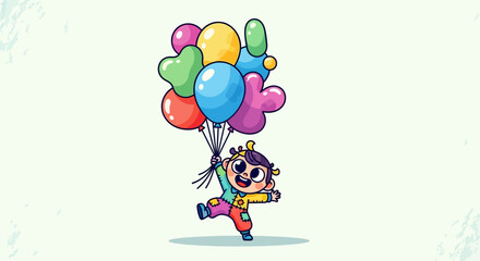 Joyful child clutching bunch of vibrant balloons, cartoon design brimming with happiness and
