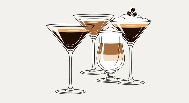 Illustrative coffee cocktails with elegant presentation in diverse glasses arrangement